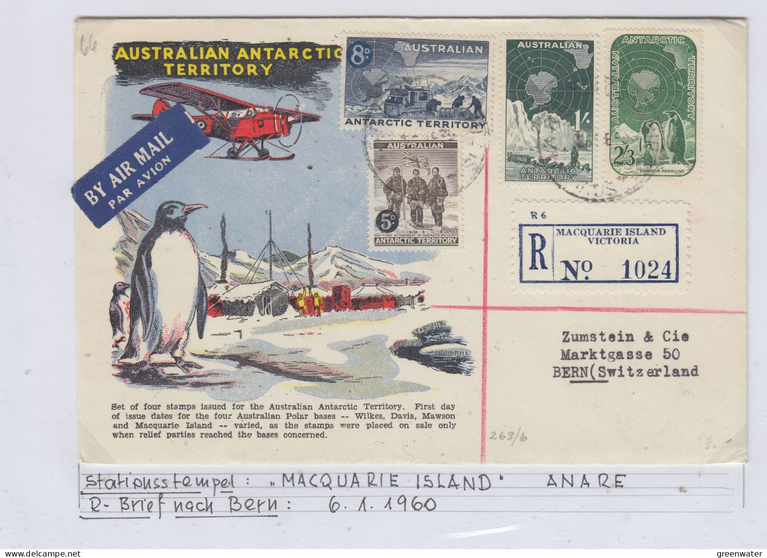 AAT 1960 Definitives 4v Registered Cover Macquarie Island To Zumstein Switzerland Ca Macquarie Isl.6.1.1960 (AS157) - Briefe U. Dokumente