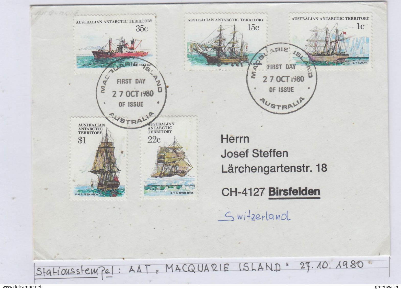 AAT 1980 Definitives / Ships 5v FDC Ca Macquarie Island 27.10.1980 (AS157B) - FDC