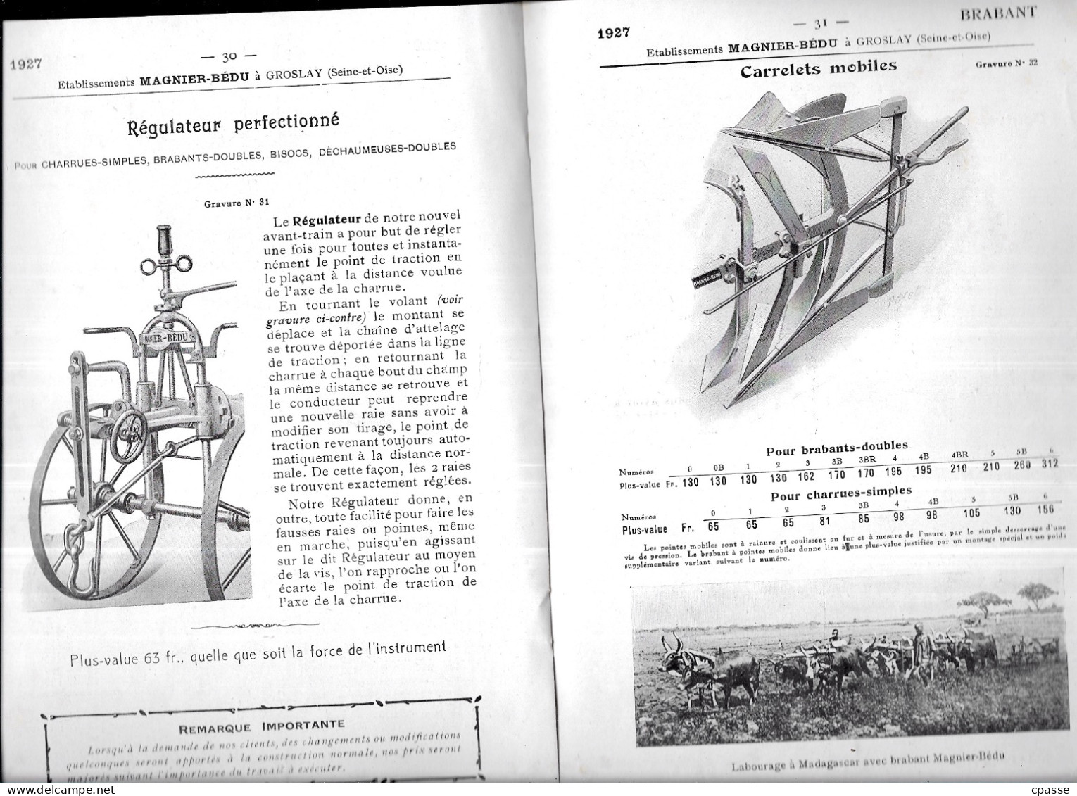 Extrait Catalogue Agricole MAGNIER-BEDU 95 GROSLAY - CHARRUES BRABANTS ** Agriculture Charrue