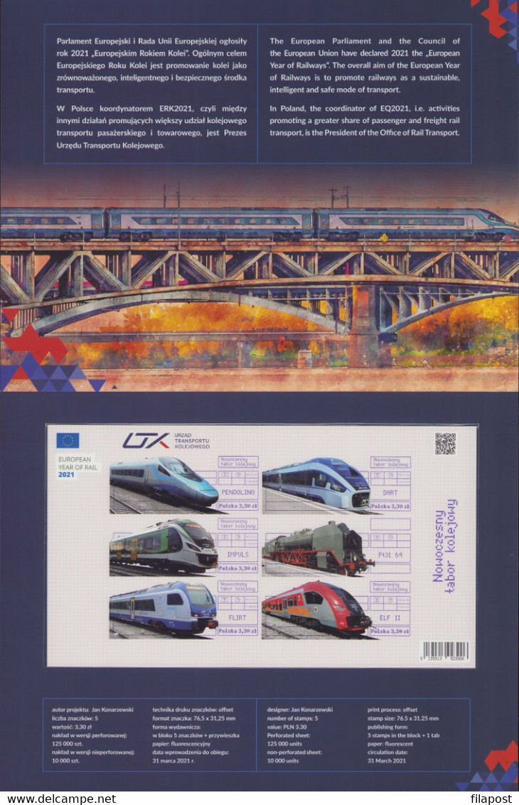 Poland 2021 Modern Rolling Stock, Train Full Set Mini Sheet Unperforated Version, Tab Folder MNH** New! Low Circulation - Markenheftchen