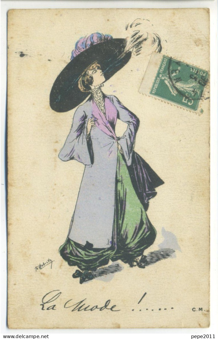 CPA Aquarellée  Illustrateur ROBERTY - La Mode Art Nouveau - Caricature - Femme Fumant Avec Grand Chapeau - Style Sager - Robert