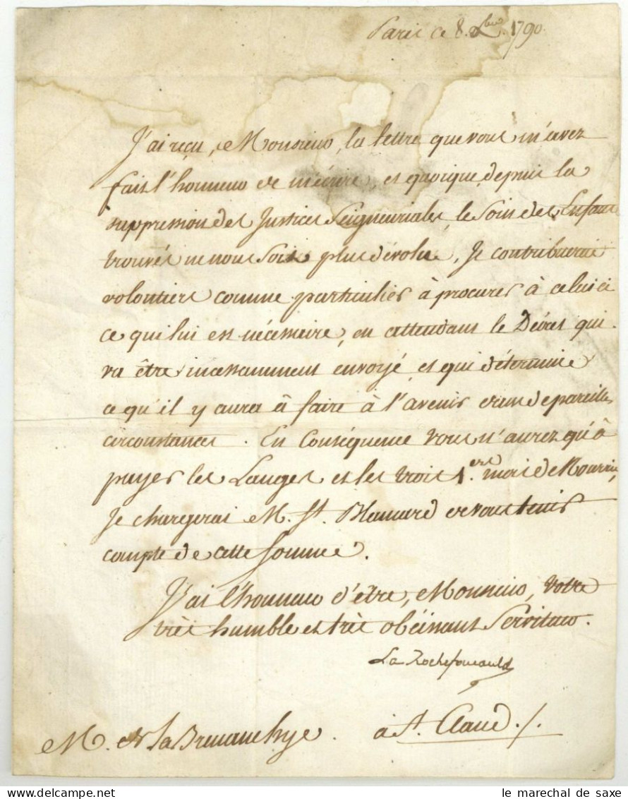 Assemblee Nationale Constituante 1790 Paris LS Duc De La Rochefoucauld Franchise Marque Autographe - Historical Figures