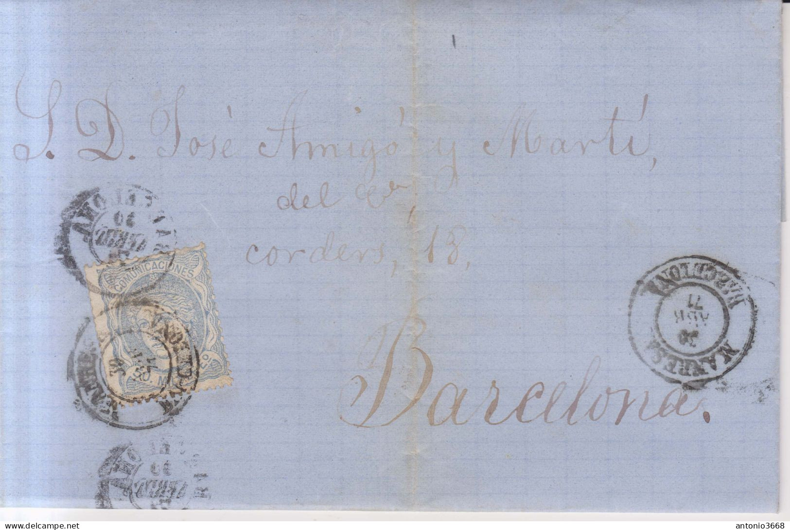 Año 1870 Edifil 107 50m Sellos Efigie Carta  Matasellos   Manresa Barcelona Membrete Salvador Roca - Cartas & Documentos