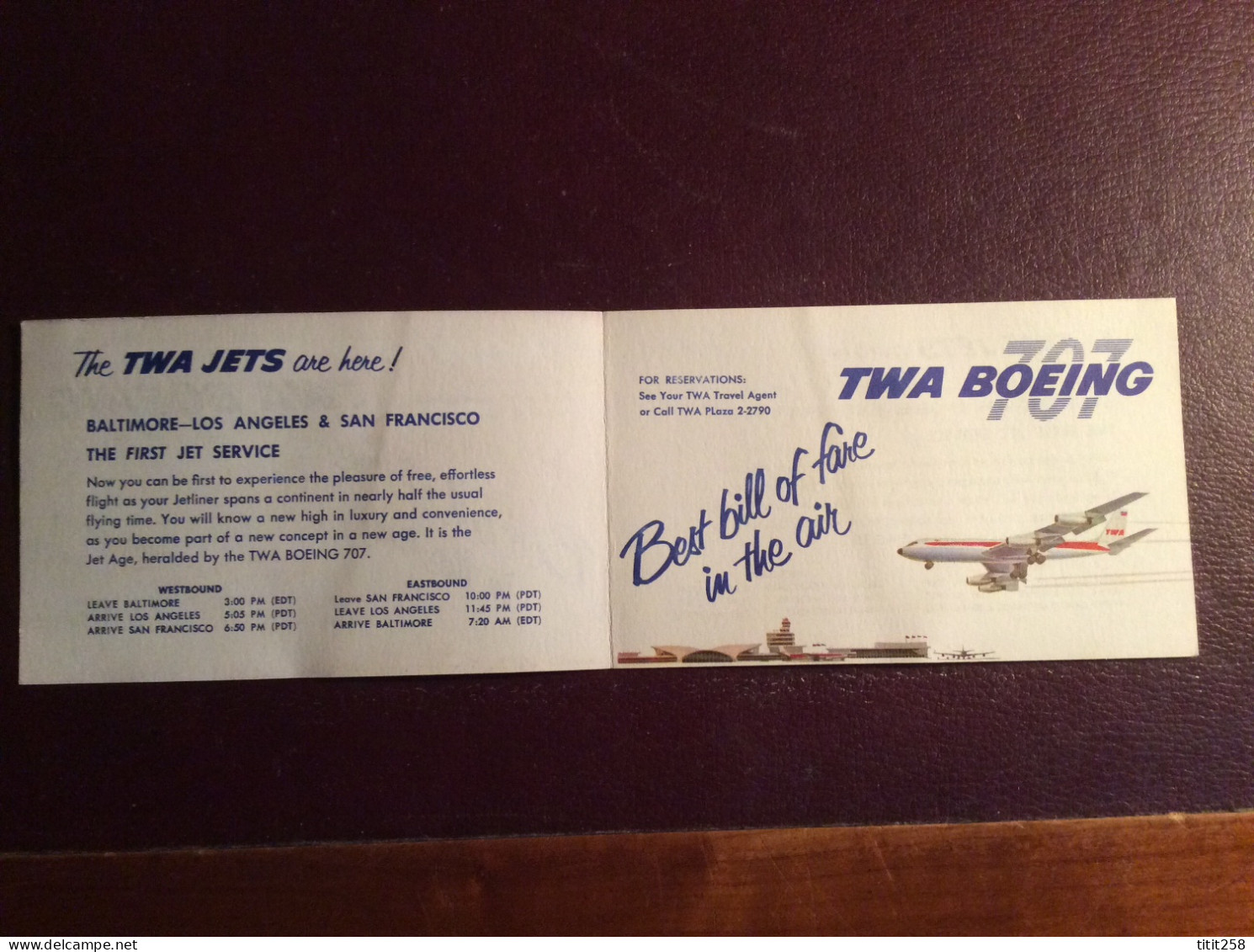 Carton Horaires CIE TWA BOEING 707 BALTIMORE LOS ANGELES SAN FRANCISCO ( Avions Aéroports ) - Timetables