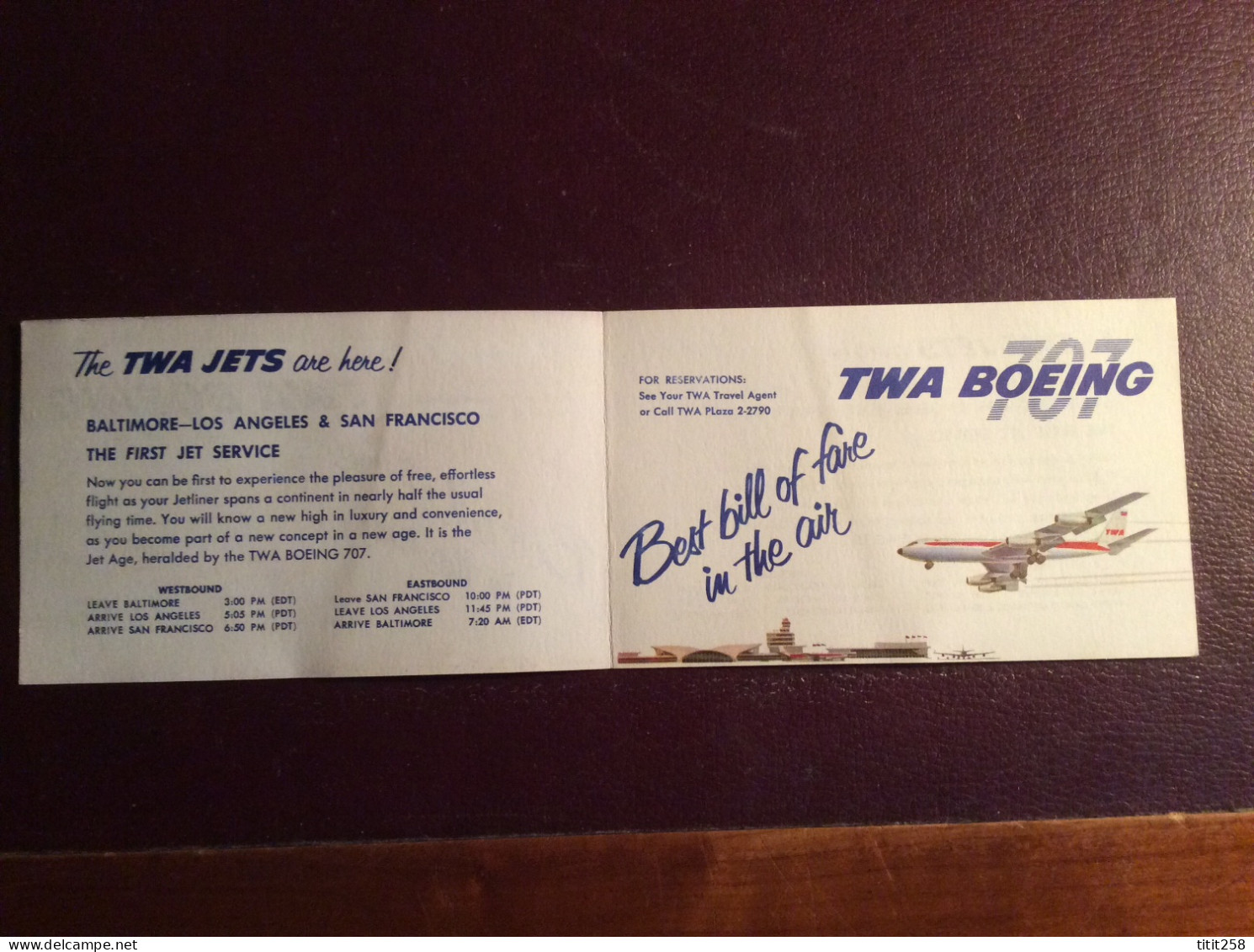 Carton Horaires CIE TWA BOEING 707 BALTIMORE LOS ANGELES SAN FRANCISCO ( Avions Aéroports ) - Orari