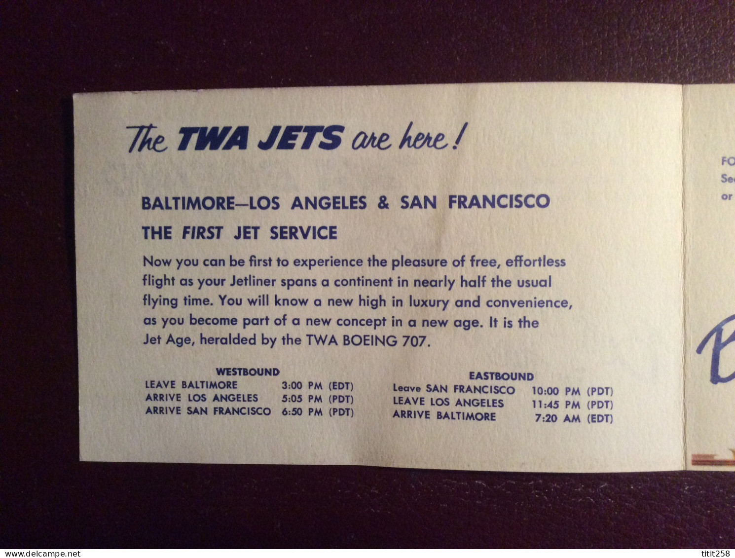 Carton Horaires CIE TWA BOEING 707 BALTIMORE LOS ANGELES SAN FRANCISCO ( Avions Aéroports ) - Zeitpläne