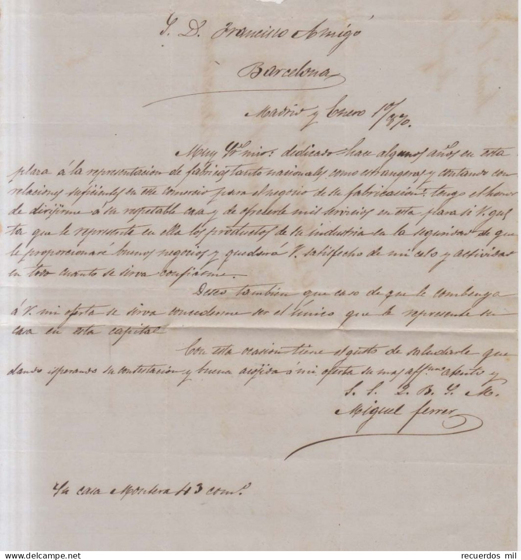 Año 1870 Edifil 107 Carta Matasellos Rejilla Cifra 1  Y Rojo Madrid 1, Fecha 1 Ene 1870  Miguel Ferrer - Briefe U. Dokumente