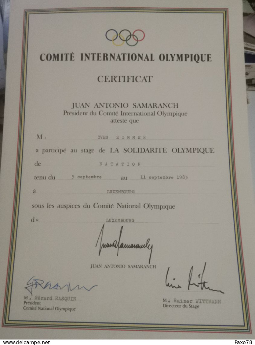 Certificat, Comité International Olympique, Yves Zimmer Natation, Signé Par Juan Antonio Samaranch - Lettres & Documents