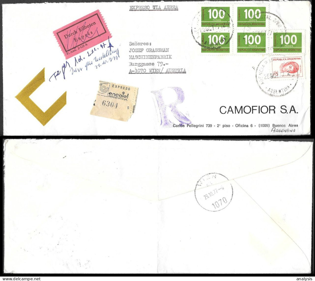 Argentina Registered Cover Mailed To Austria 1977. 530P Rate - Cartas & Documentos