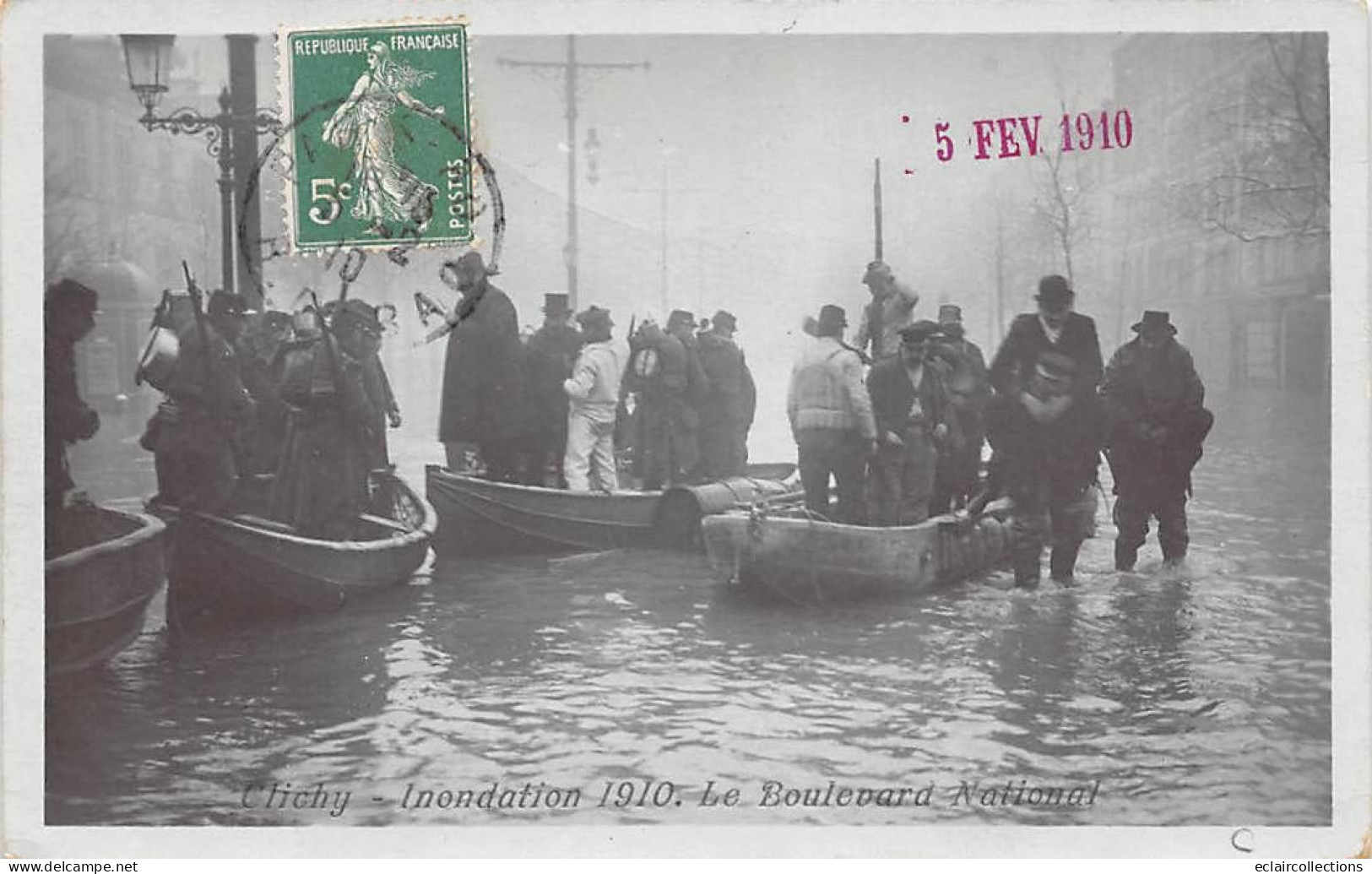 Clichy        92         Inondation De 1910  .  Le Boulevard National . Sauvetage En Barques   (voir Scan) - Clichy