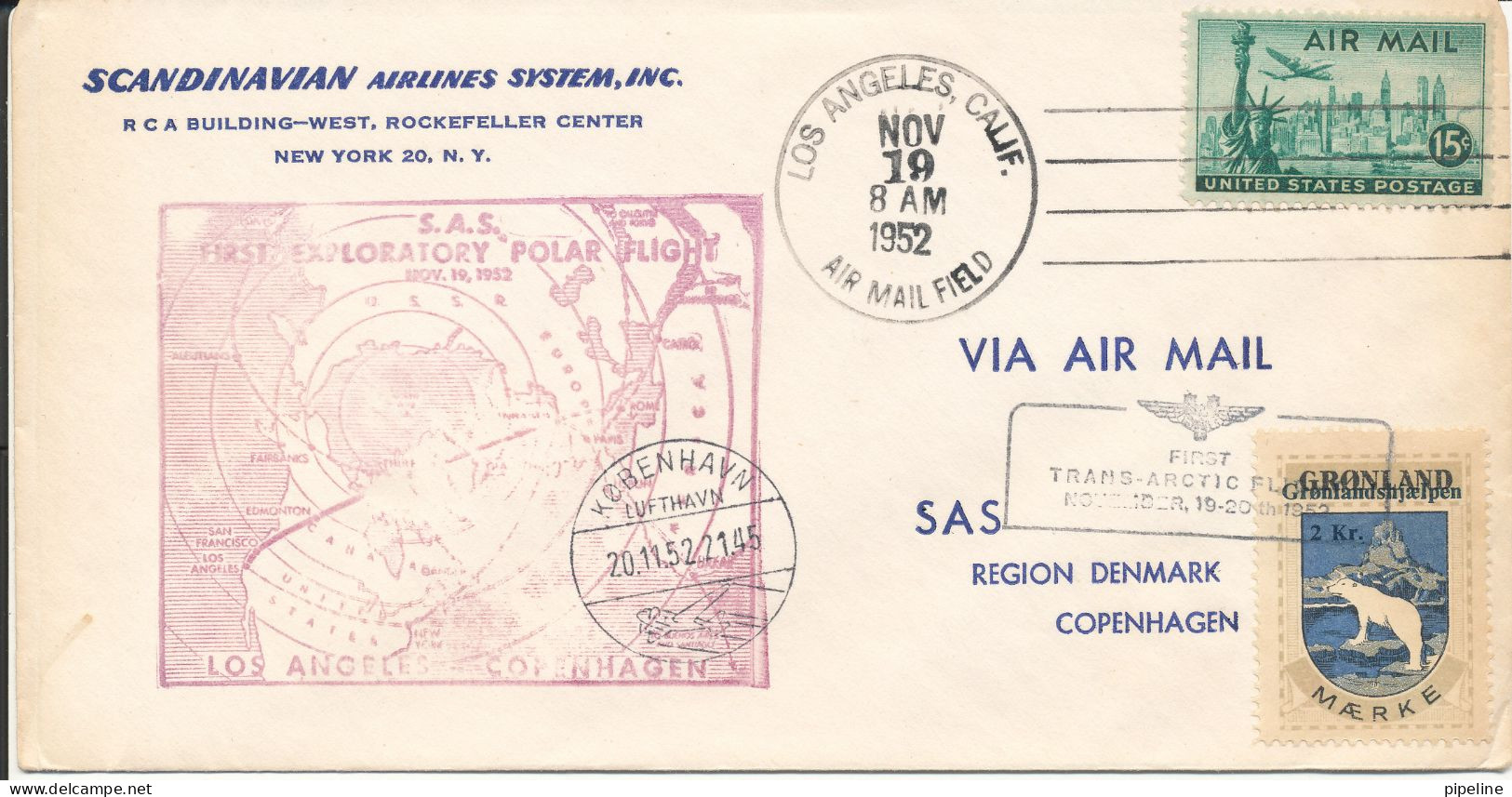 USA First SAS Trans Arctic Flight 19-11-1952 Los Angeles - Copenhagen Via Greenland Notice The 2 Kr. Greenland SEAL - Storia Postale