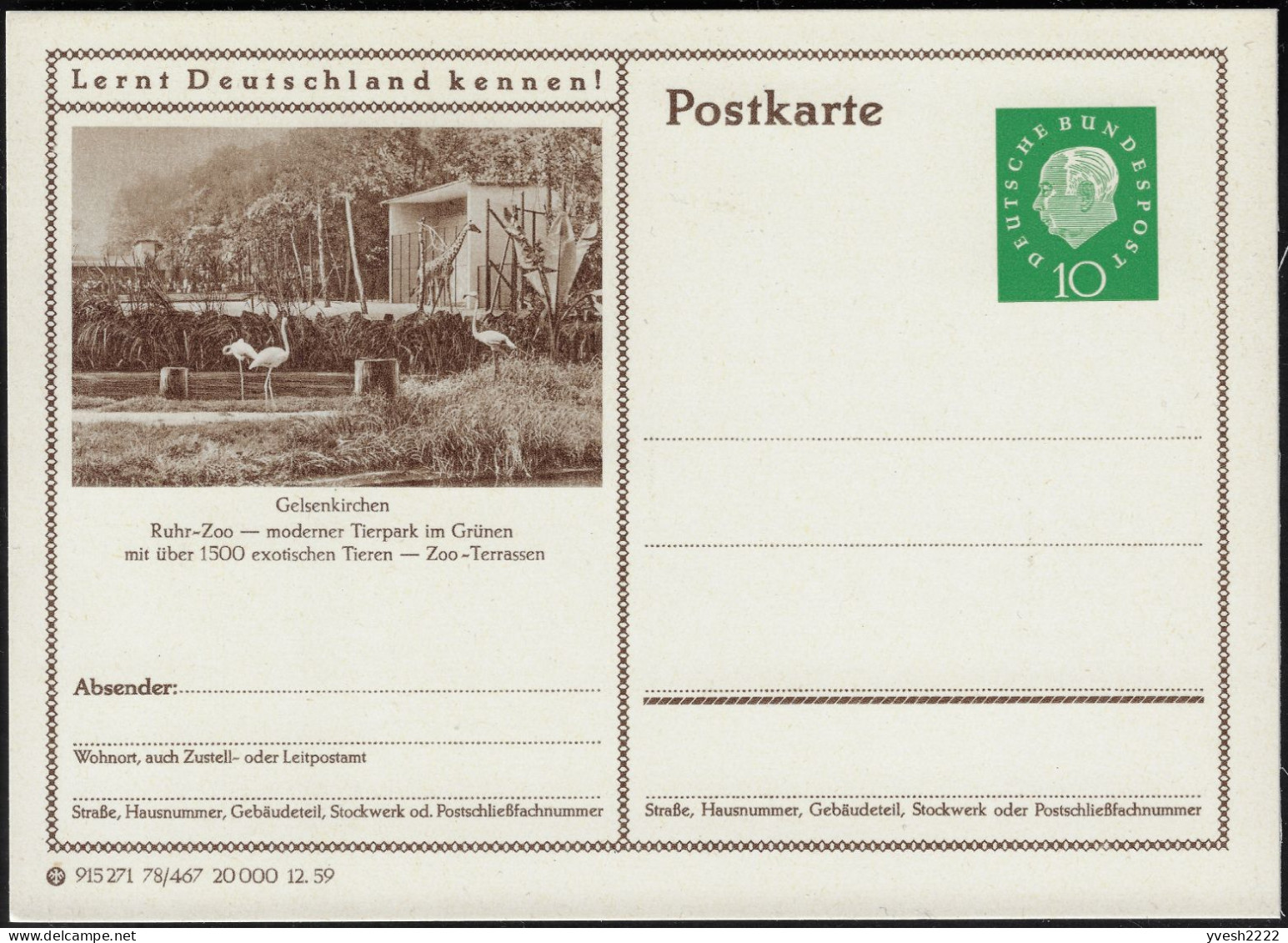 Allemagne 1959 Entier Touristique. Zoo De La Ruhr, Gelsenkirchen. Flamants Et Girafe - Flamingos