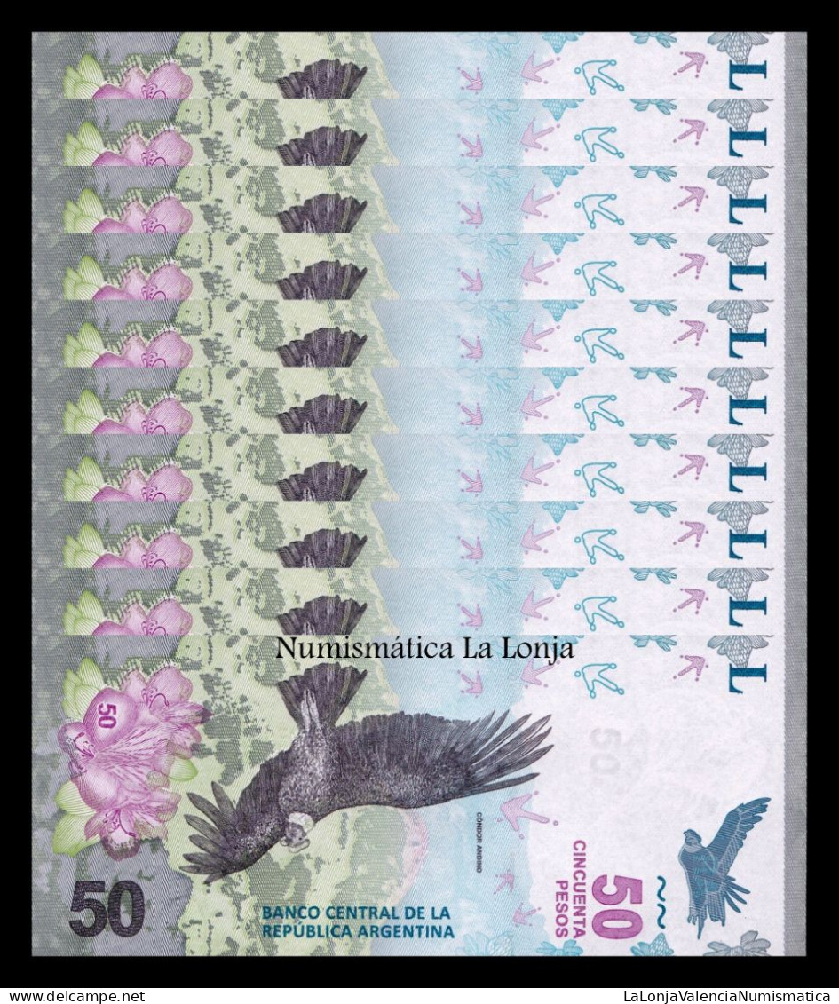 Argentina Bundle Taco 100 Banknotes 50 Pesos Cóndor 2018 Pick 363b Sc Unc - Argentine