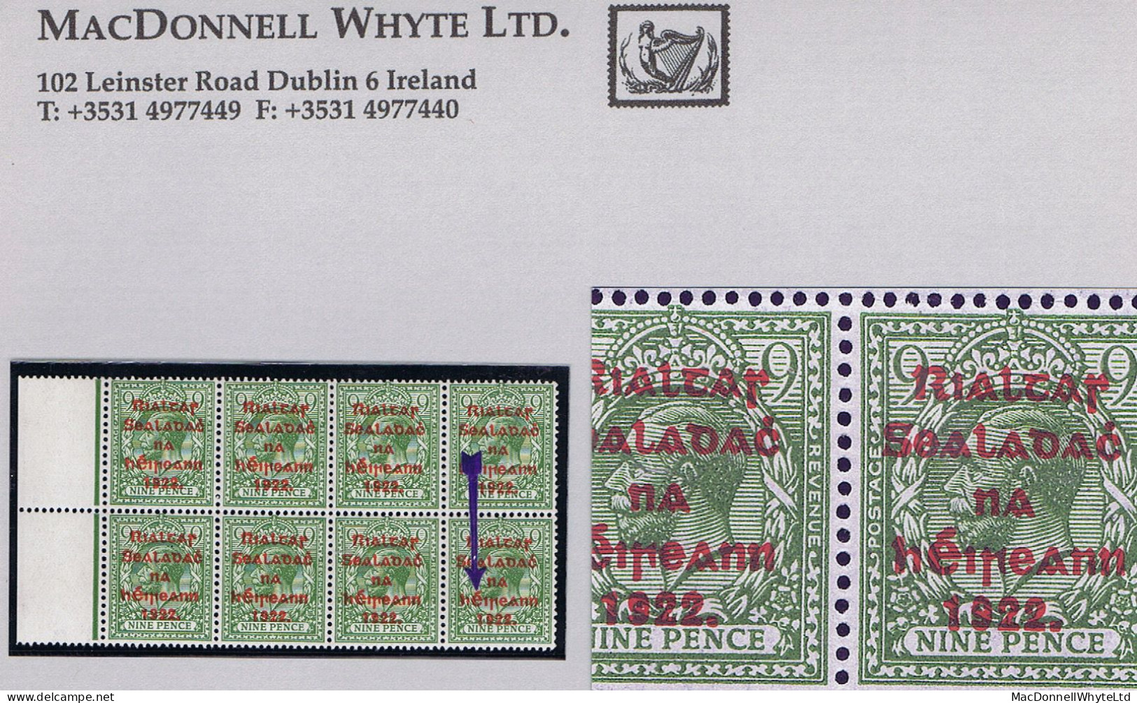 Ireland 1922 Thom Rialtas 5-line Ovpt In Red On 9d Olive Green, Block Of 8, One Var. "Ei Over 1" Mint - Neufs