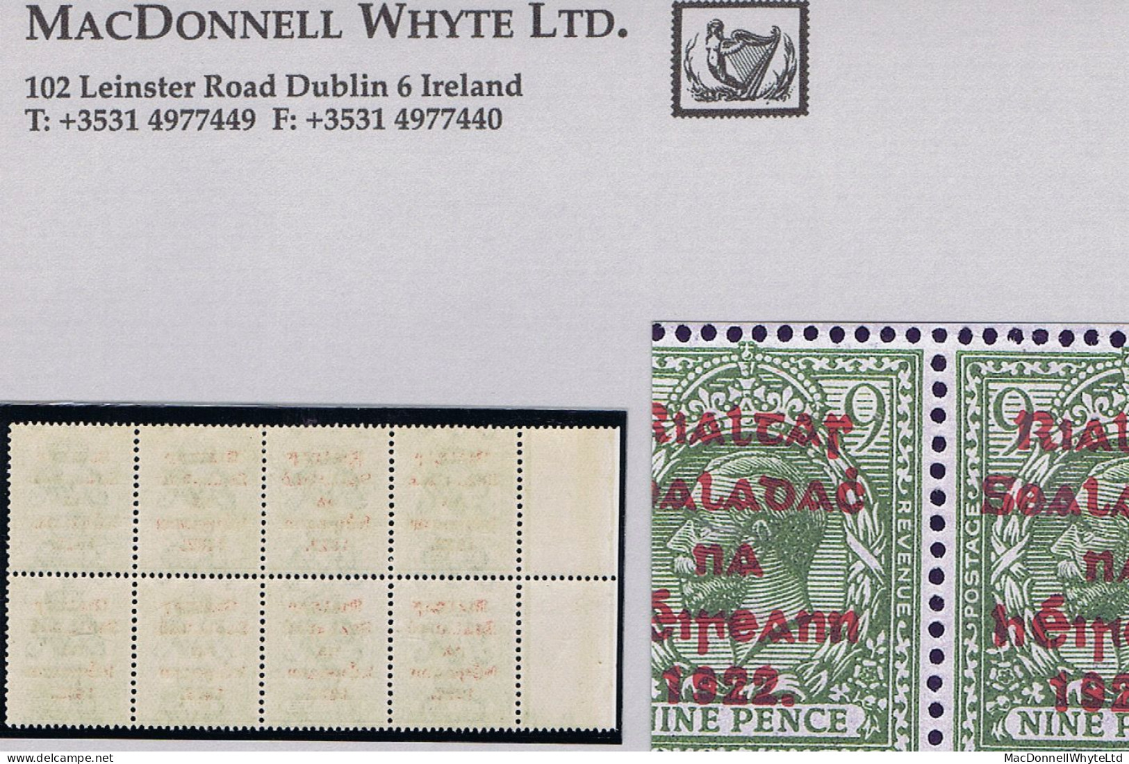 Ireland 1922 Thom Rialtas 5-line Ovpt In Red On 9d Olive Green, Block Of 8, One Var. "Ei Over 1" Mint - Ungebraucht