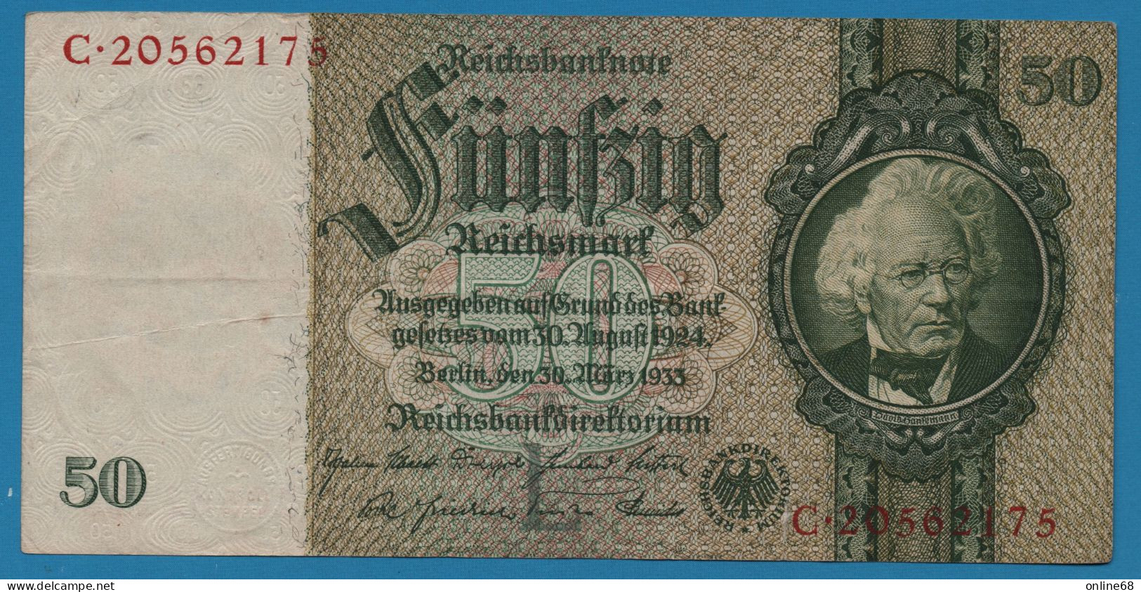 DEUTSCHES REICH 50 REICHSMARK 30.03.1933 LETTER L # C.20562175 P# 182a  David Hansemann - 50 Reichsmark
