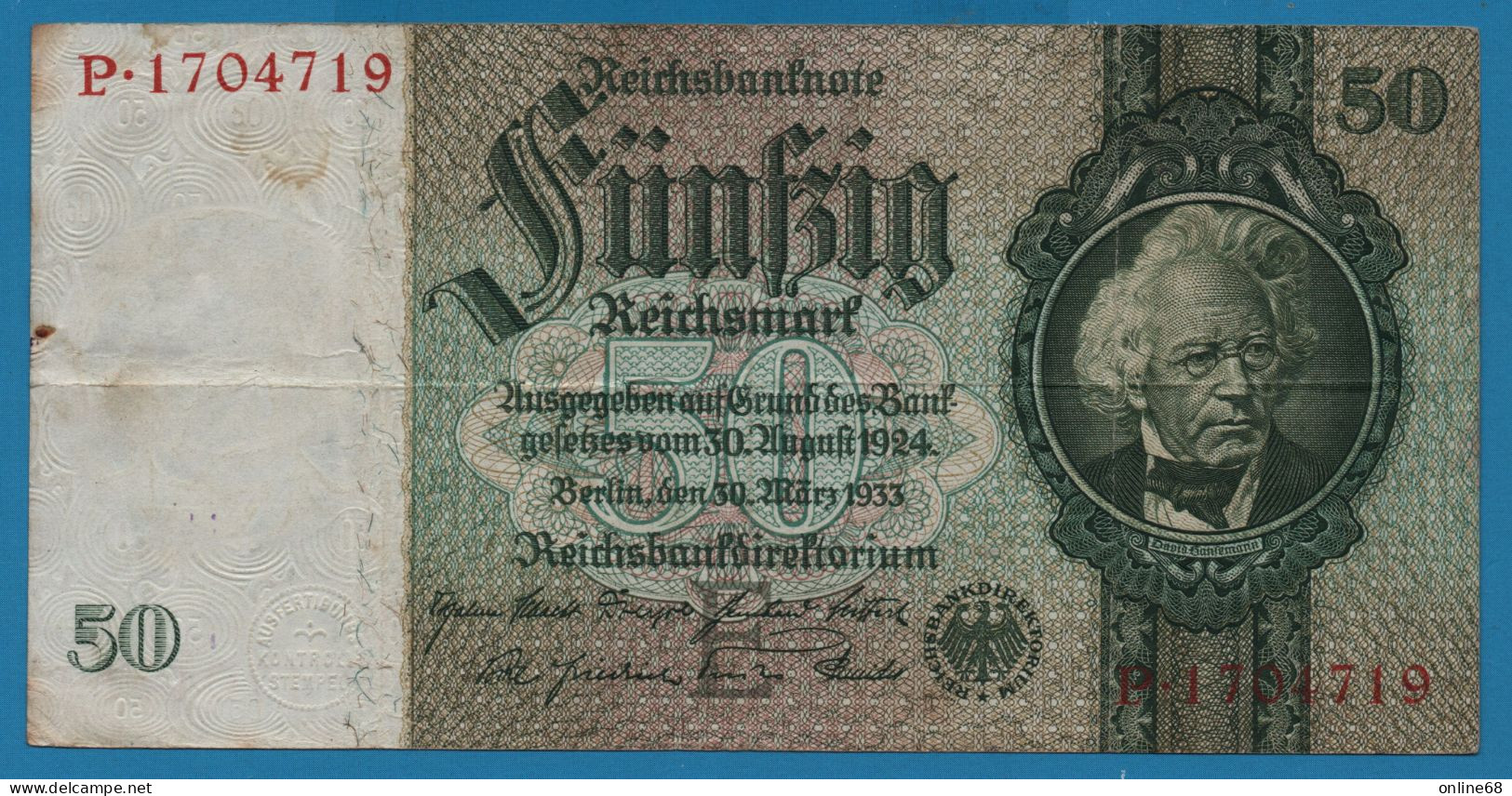 DEUTSCHES REICH 50 REICHSMARK 30.03.1933 LETTER E # P.01704719 P# 182a  David Hansemann - 50 Reichsmark