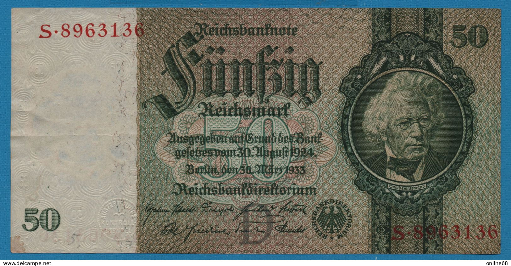 DEUTSCHES REICH 50 REICHSMARK 30.03.1933 LETTER D # S.8963136 P# 182a  David Hansemann - 50 Reichsmark