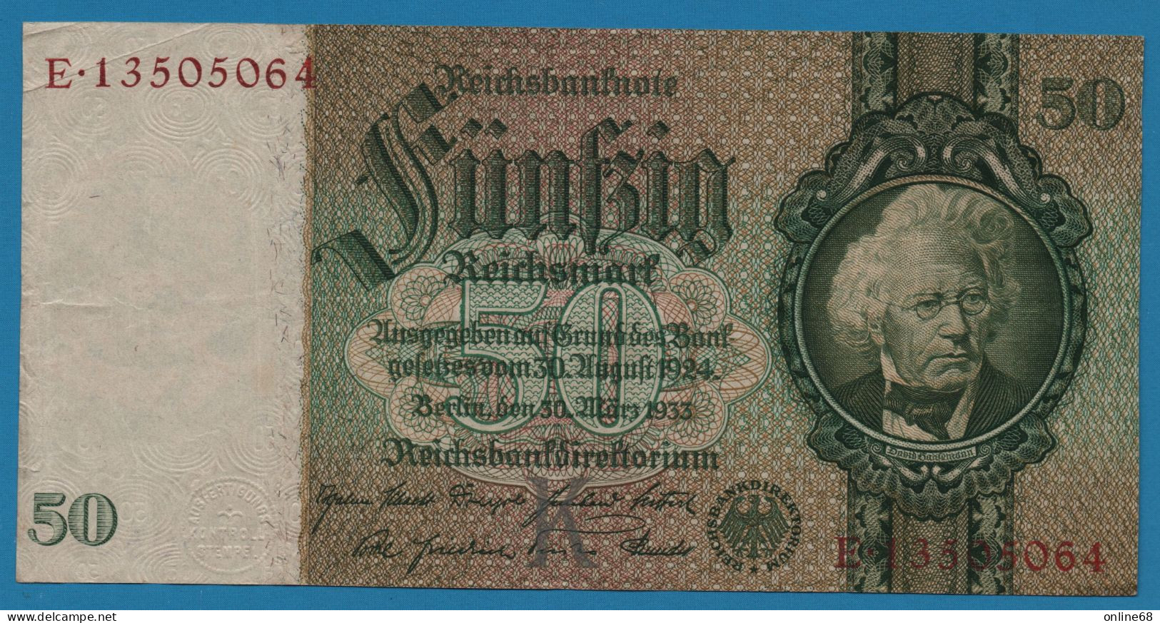 DEUTSCHES REICH 50 REICHSMARK 30.03.1933 LETTER K # E.13505064 P# 182a  David Hansemann - 50 Reichsmark