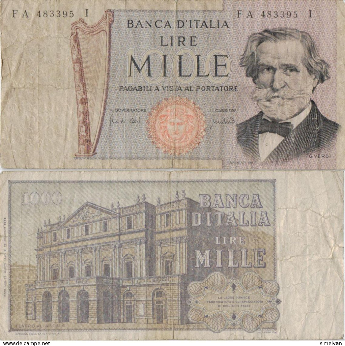 Italy 1000 Lire 1969 P-101a Banknote Europe Currency Italie Italien #5173 - 1000 Lire