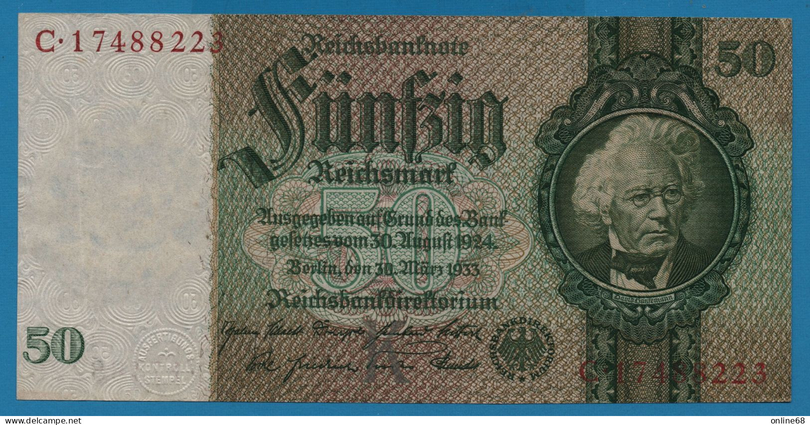 DEUTSCHES REICH 50 REICHSMARK 30.03.1933 LETTER K # C.17488223 P# 182a  David Hansemann - 50 Reichsmark