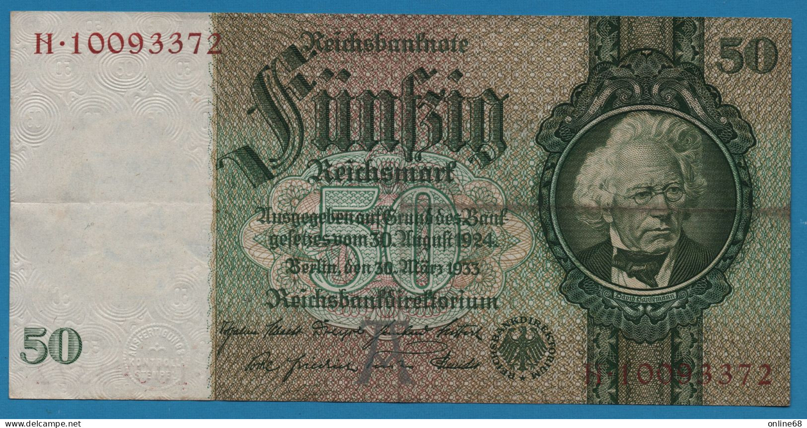 DEUTSCHES REICH 50 REICHSMARK 30.03.1933 LETTER A # H.10093372 P# 182a  David Hansemann - 50 Reichsmark