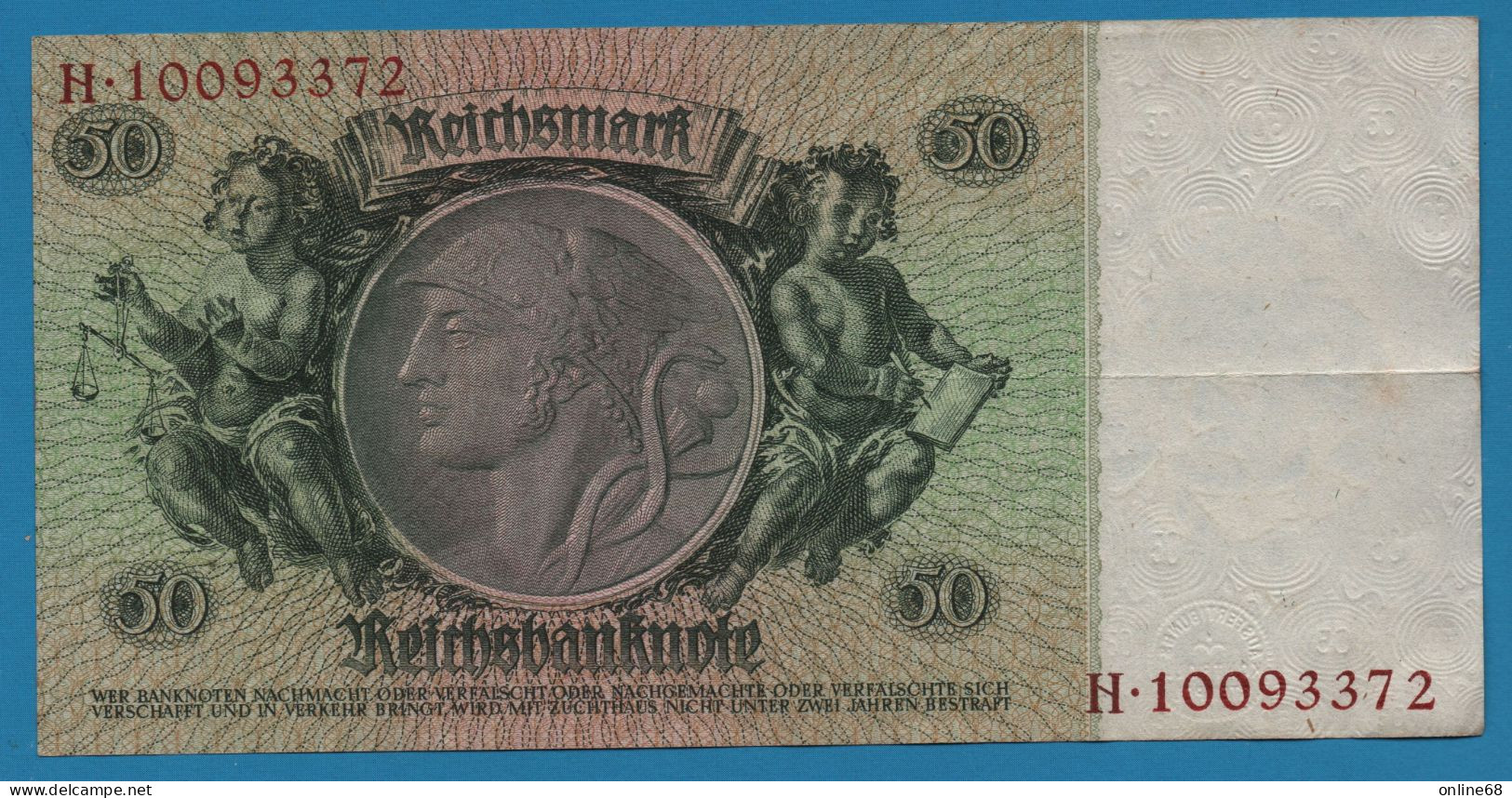 DEUTSCHES REICH 50 REICHSMARK 30.03.1933 LETTER A # H.10093372 P# 182a  David Hansemann - 50 Reichsmark