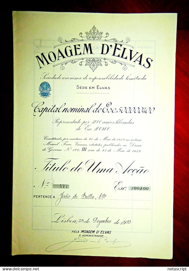 "Moagem D'Elvas" 1933 Lisboa/Elvas (Portugal).Elvas Milling,share Certificate - Agriculture