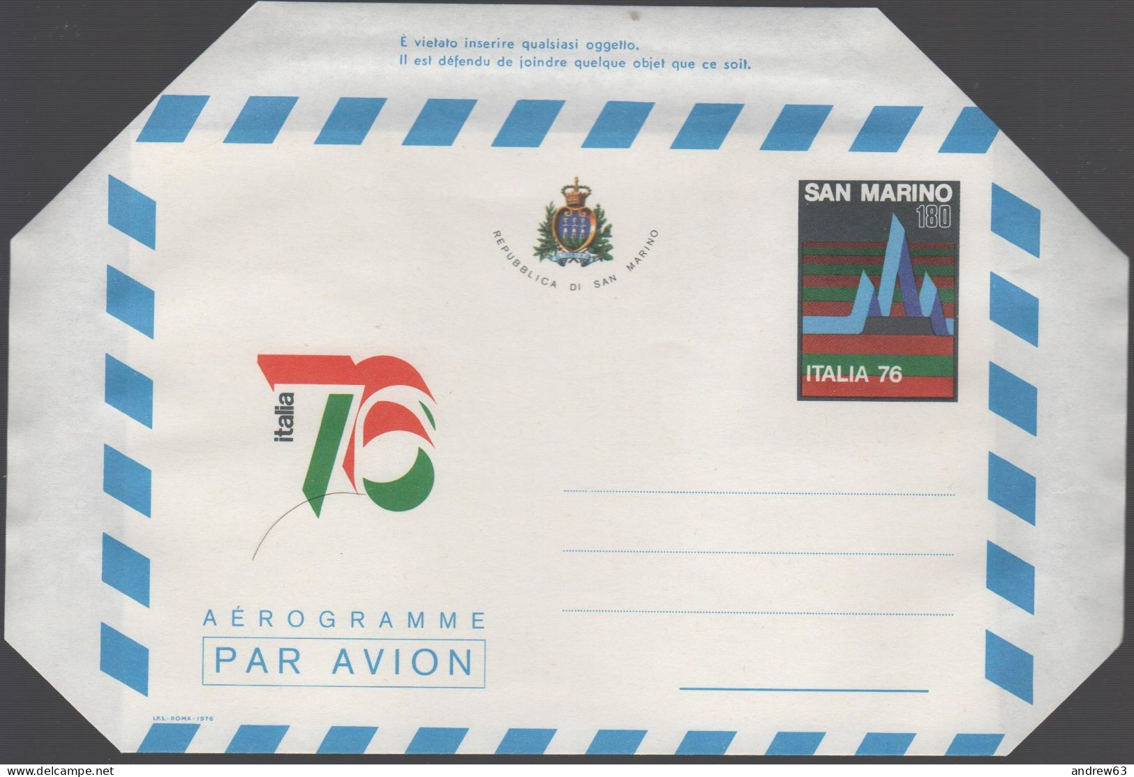 Repubblica Di San Marino - 1976 - AG8 - 180 Italia '76 - Aerogramma - Nuovo - Entiers Postaux