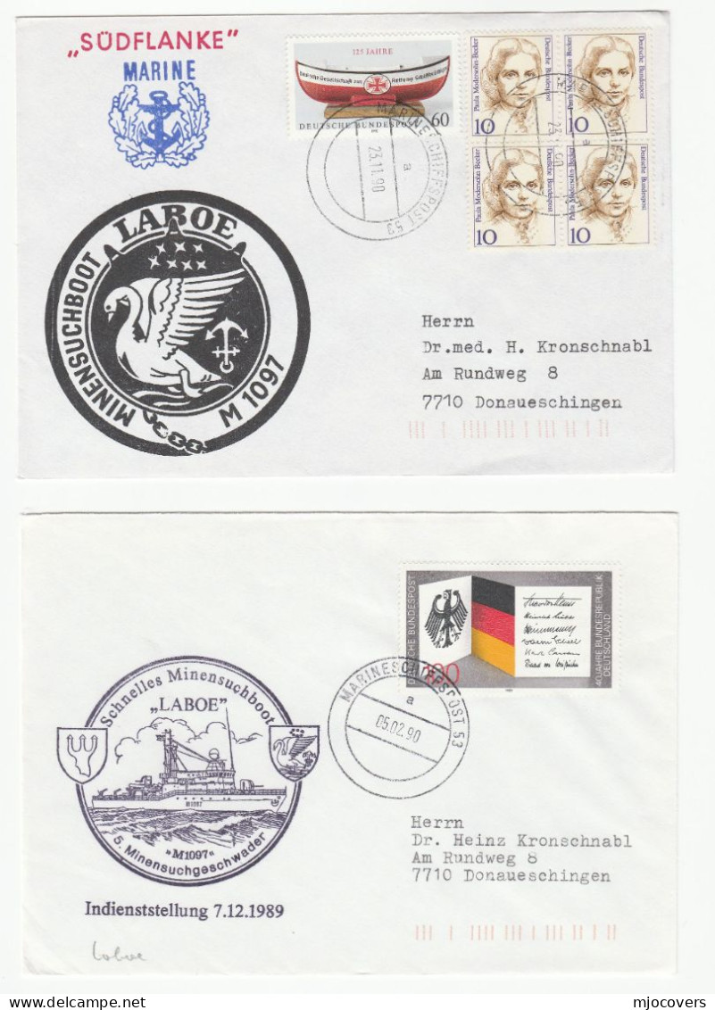 SWAN Bird - 2 Diff M1097 LABOE Deployment Covers 1990 Minensuchboot Germany NAVY Ship Military Forces Cover Swans - Schwäne