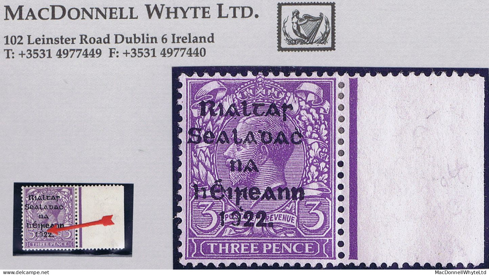 Ireland 1922 Thom Rialtas 5-line Ovpt In Blue-black On 3d, Variety "Dot Over 1922" Mint - Ungebraucht