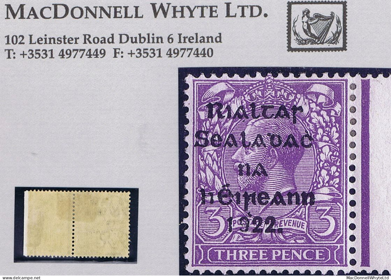 Ireland 1922 Thom Rialtas 5-line Ovpt In Blue-black On 3d, Variety "Dot Over 1922" Mint - Nuevos