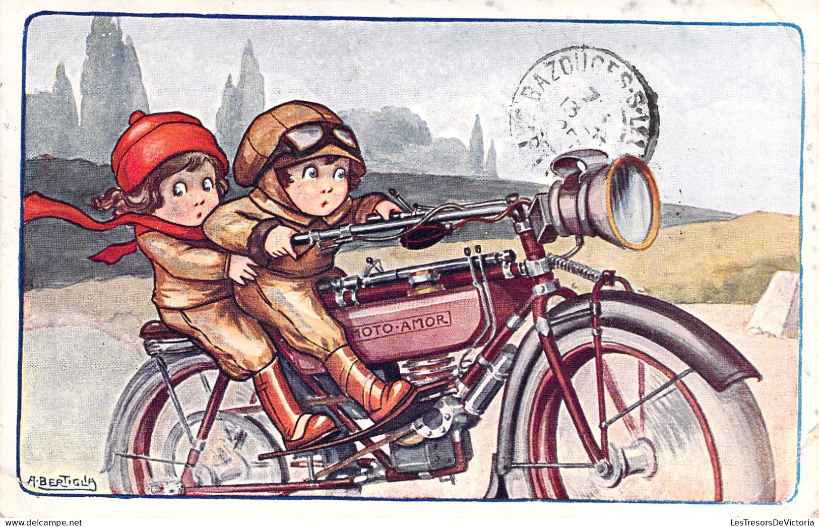 ILLUSTRATEUR - A Bertiglia - Moto Amor - Enfants Sur Une Moto - Carte Postale Ancienne - Bertiglia, A.