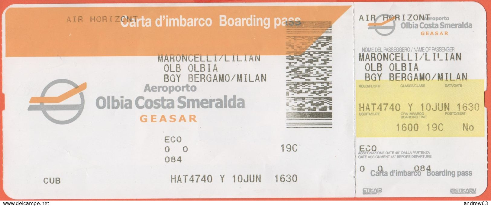 Air Horizont - HAT4740 - Olbia-Bergamo - Carta D'Imbarco - Boarding Pass - Europa