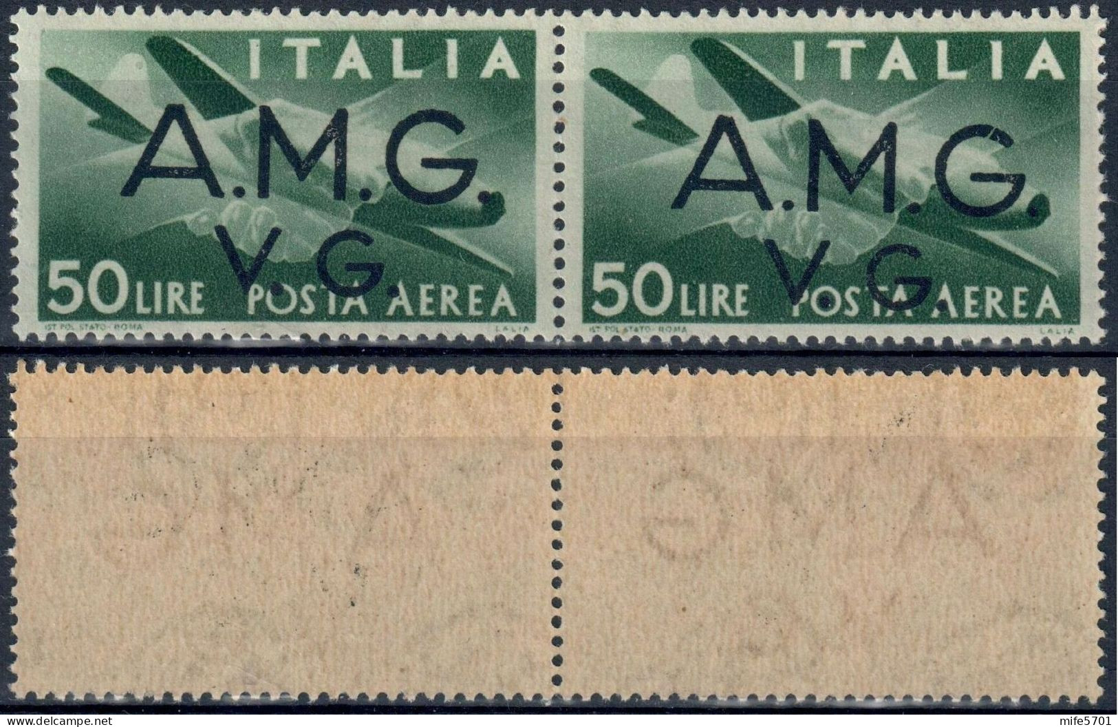 AMG-VG POSTA AEREA SERIE DEMOCRATICA COPPIA L. 50 VERDE SCURO E COLLA BICOLORE - NUOVI MNH SASSONE PA8 - Neufs