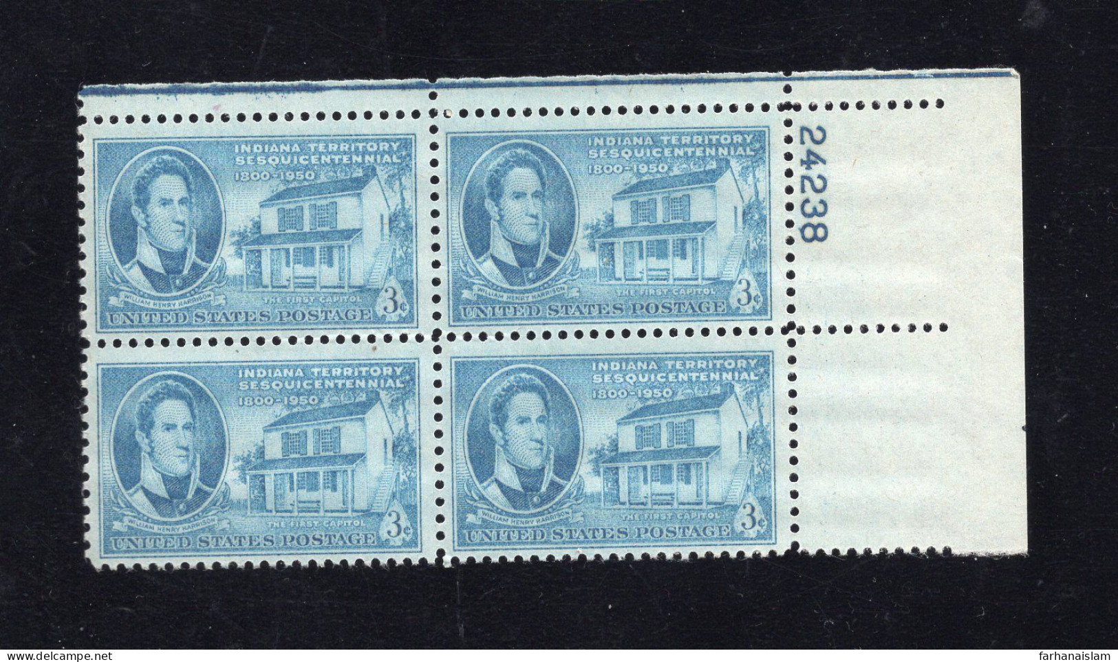 US #996 Plate  Block Indiana Territory Sesquicentennial House - Plate Blocks & Sheetlets