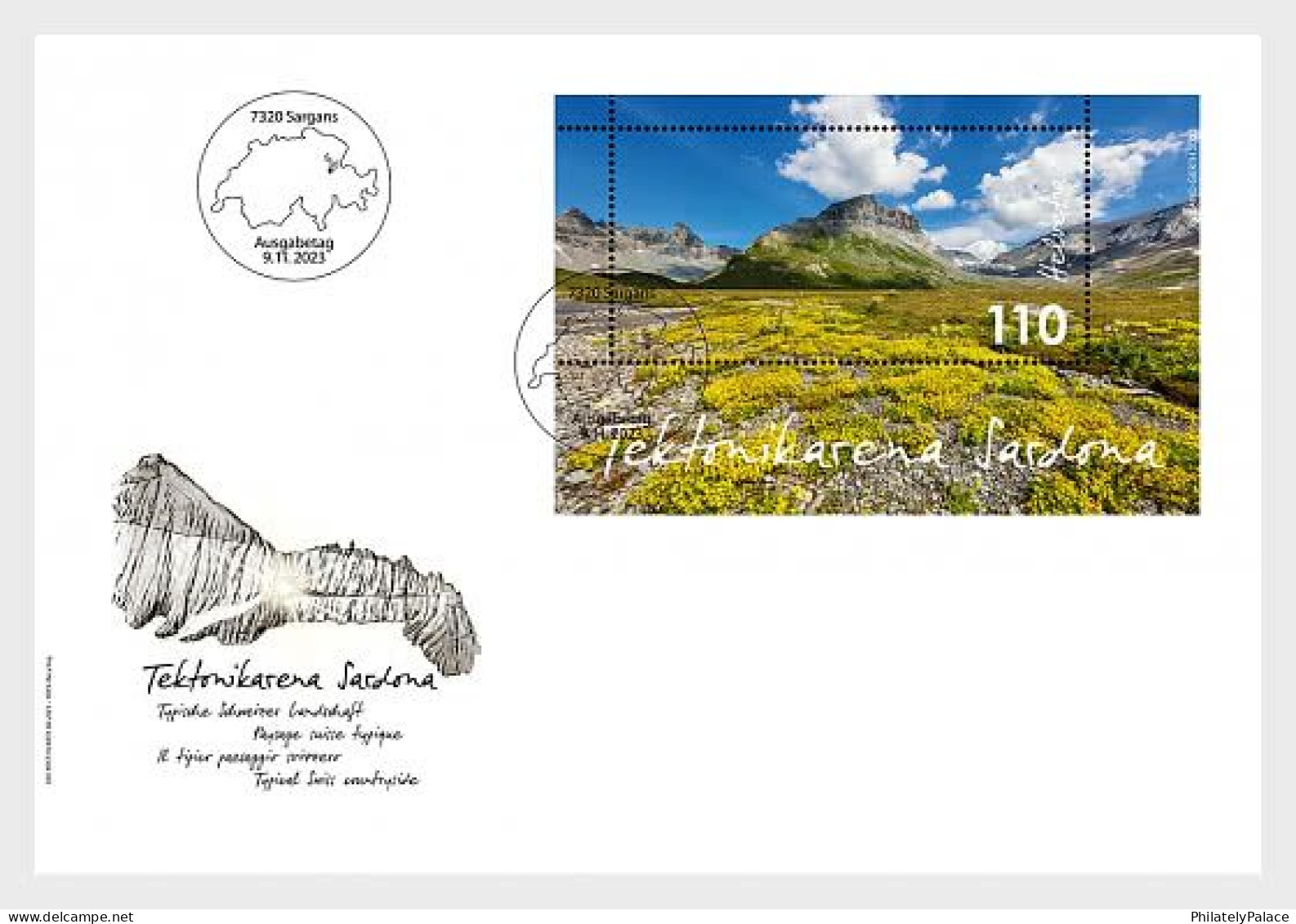 SWITZERLAND 2023 TYPICAL SWISS COUNTRYSIDE TECTONIC ARENA SARDONA ,YELLOW,NATURE,SOUVENIR SHEET, FDC (**) - Lettres & Documents