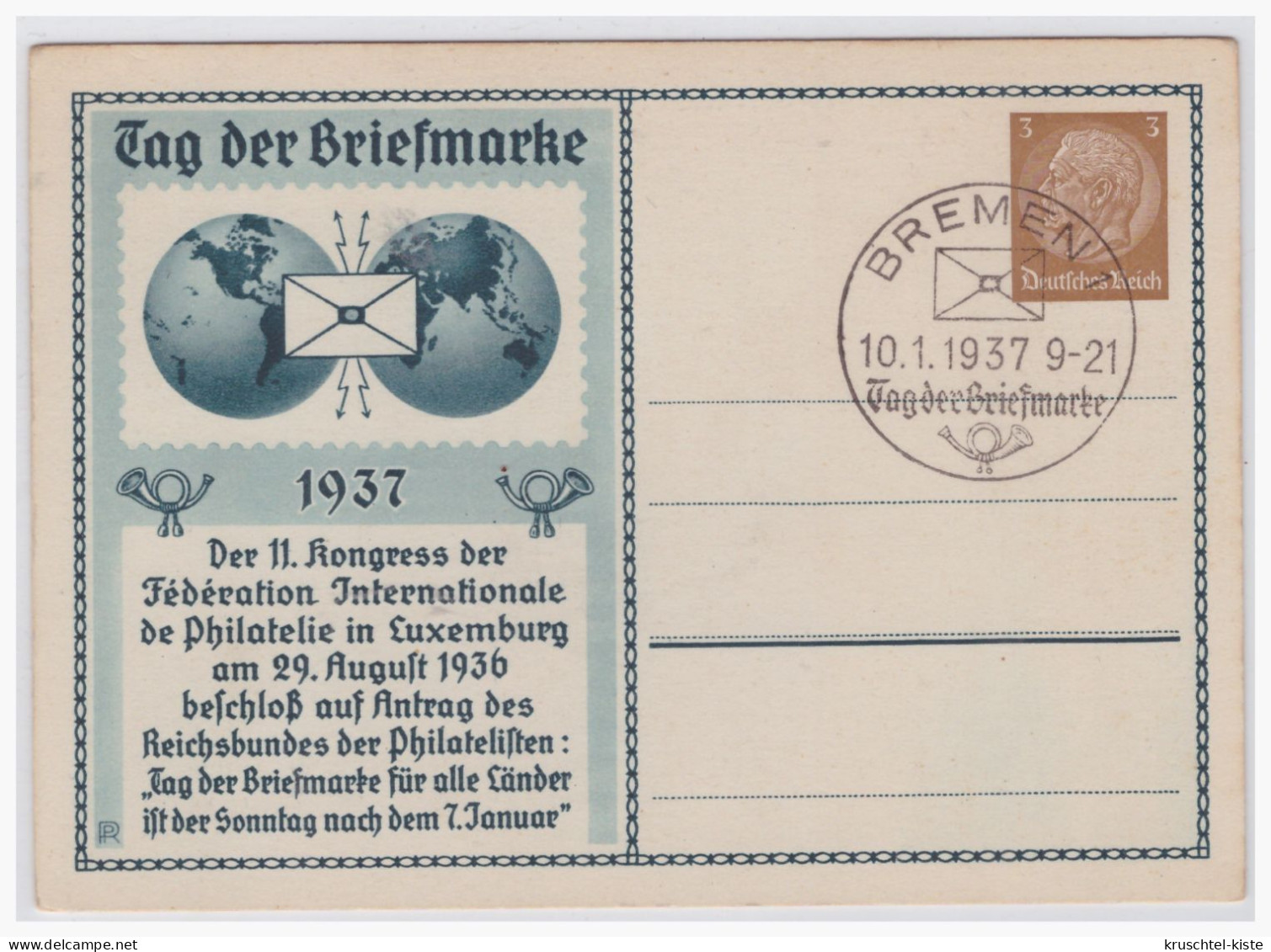 Dt.- Reich (001100) Privatganzsache PP122/ C35/02 Tag Der Briefmarke 1937, Blanco Gestempelt Bremen Am 10.1.1937 - Entiers Postaux Privés