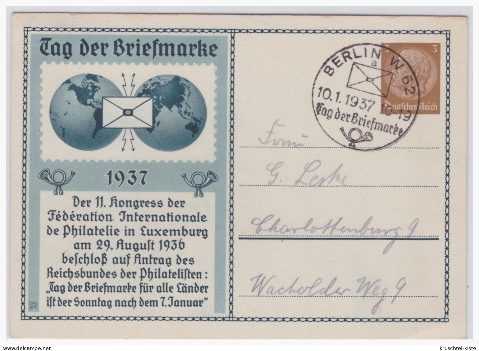 Dt.- Reich (001101) Privatganzsache PP122/ C35/02 Tag Der Briefmarke 1937, Gestempelt Berlin Am 10.1.1937 - Privat-Ganzsachen