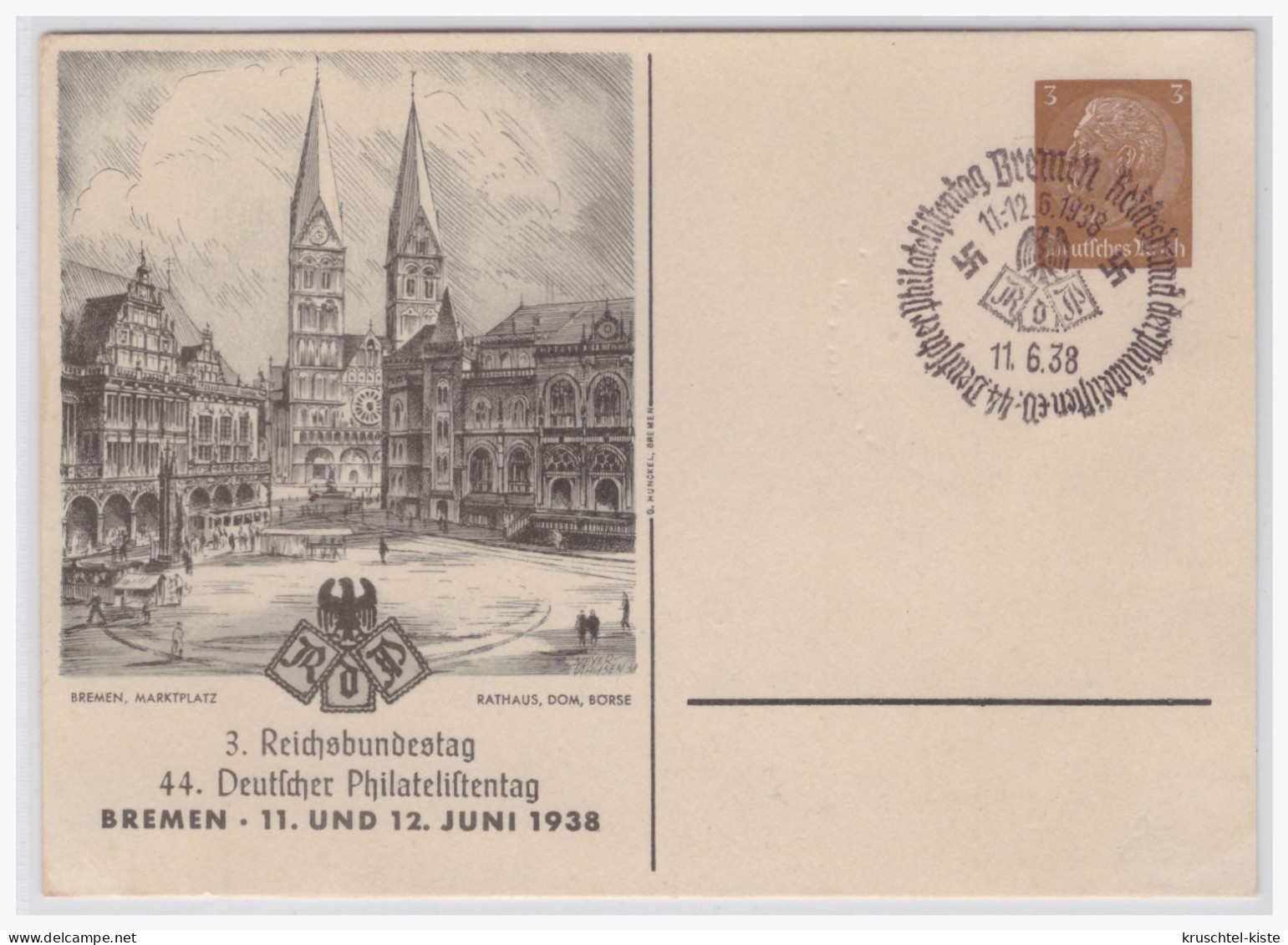 Dt.- Reich (001133) Privatganzsache Propagandakarte 3.Reichsbundestag, 44. Deutscher Philatelistentag, Blanco Gestempelt - Private Postal Stationery