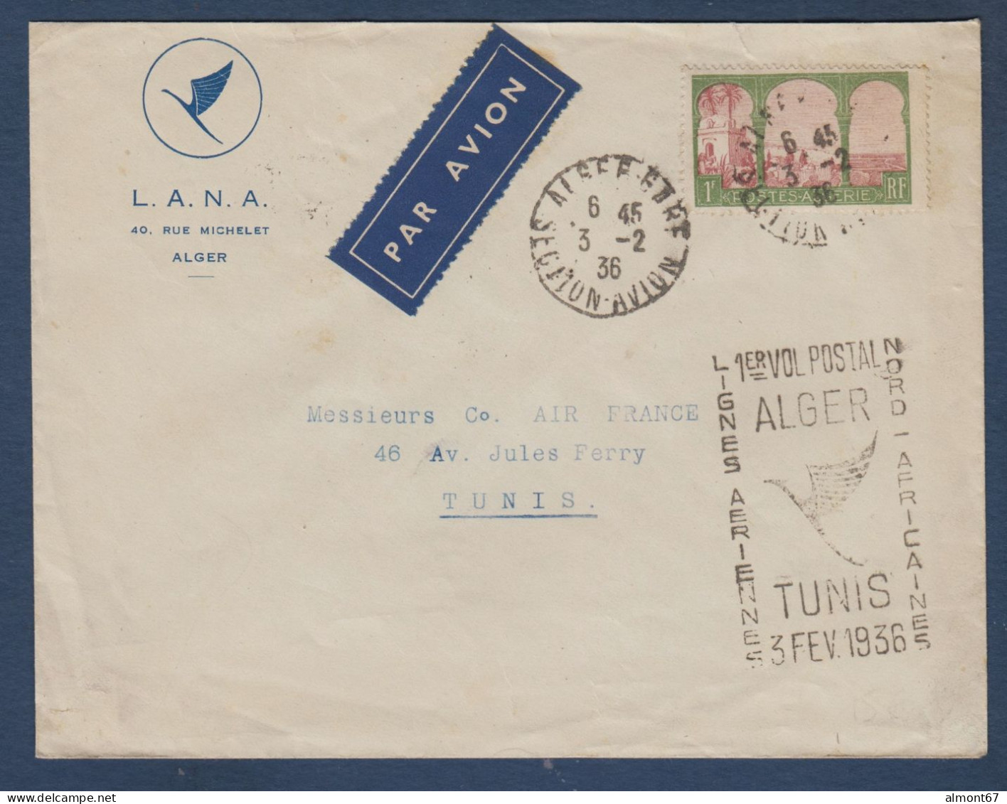 Algérie - 1er Vol Postal  ALGER  TUNIS  3 Février 1936 - Poste Aérienne