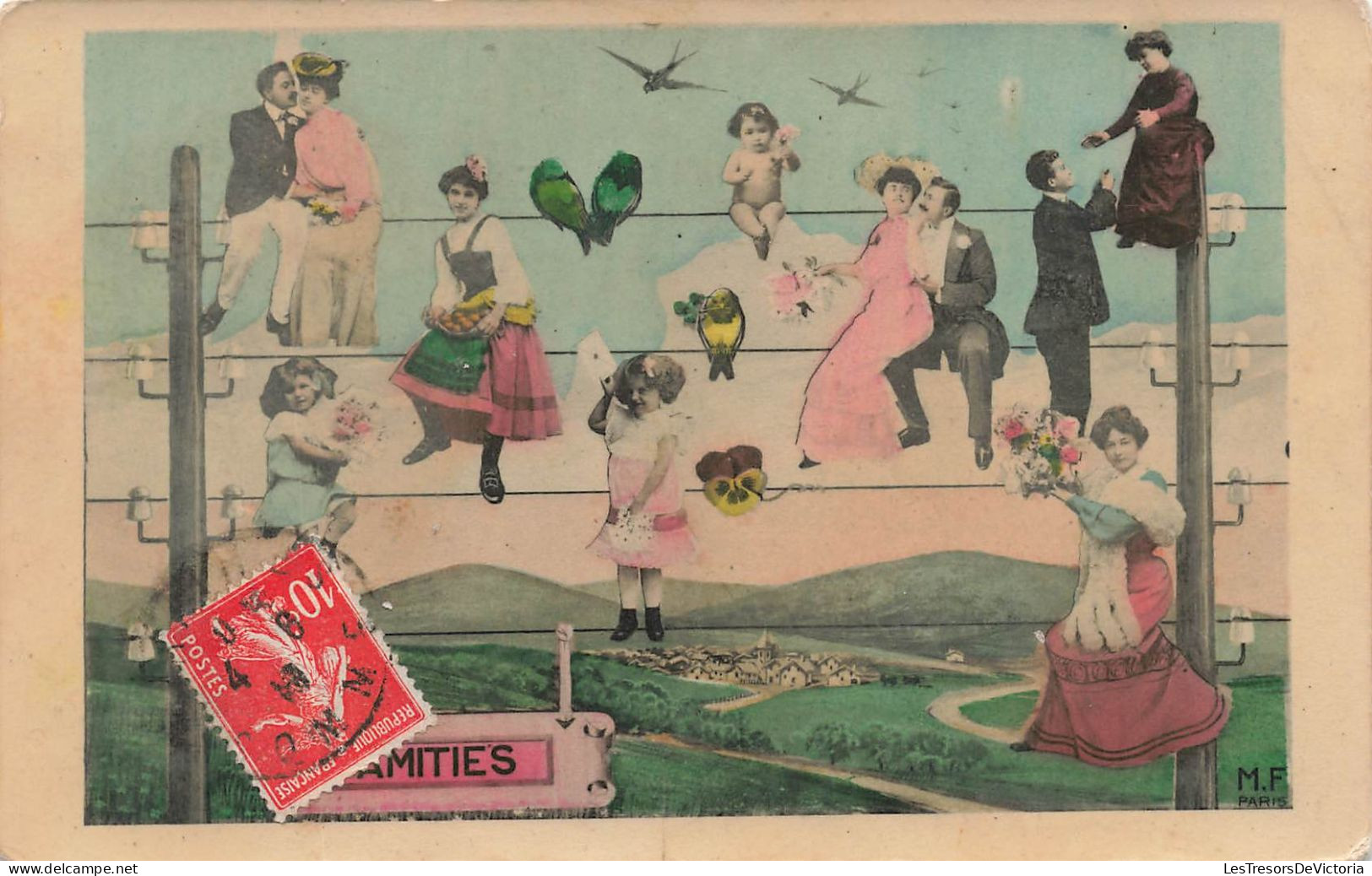 FANTAISIES - Couples - Enfants - Oiseaux Sur Fil Electrique - Surealisme - Amitiés - Carte Postale Ancienne - Otros & Sin Clasificación