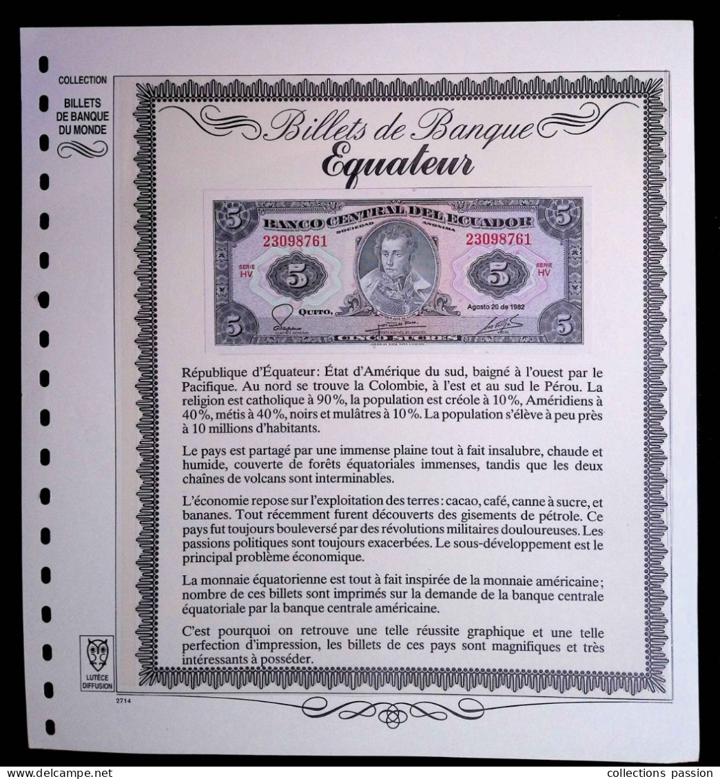 JC, Feuillet 2850 Lutéce Diffusion + Billet Equateur, Ecuador, 5 , Cinco Sucres, 1982, Frais Fr 2.25 E - Ecuador