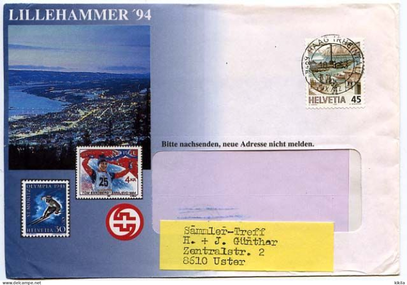 Enveloppe Illustrée Vue Aérienne De Lillehammer Les Jeux Olympiques D'hiver De 1994 Et Timbres Suisse Et Norvégien - Other & Unclassified