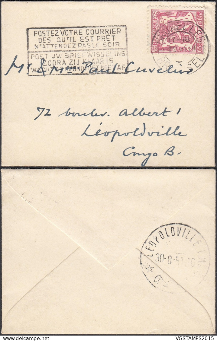 Belgique 1951 -Lettre De Bruxelles à Destination Léopoldville-Congo Belge (Petit Format)..... (EB) DC-12269 - 1951-1975 Heraldic Lion