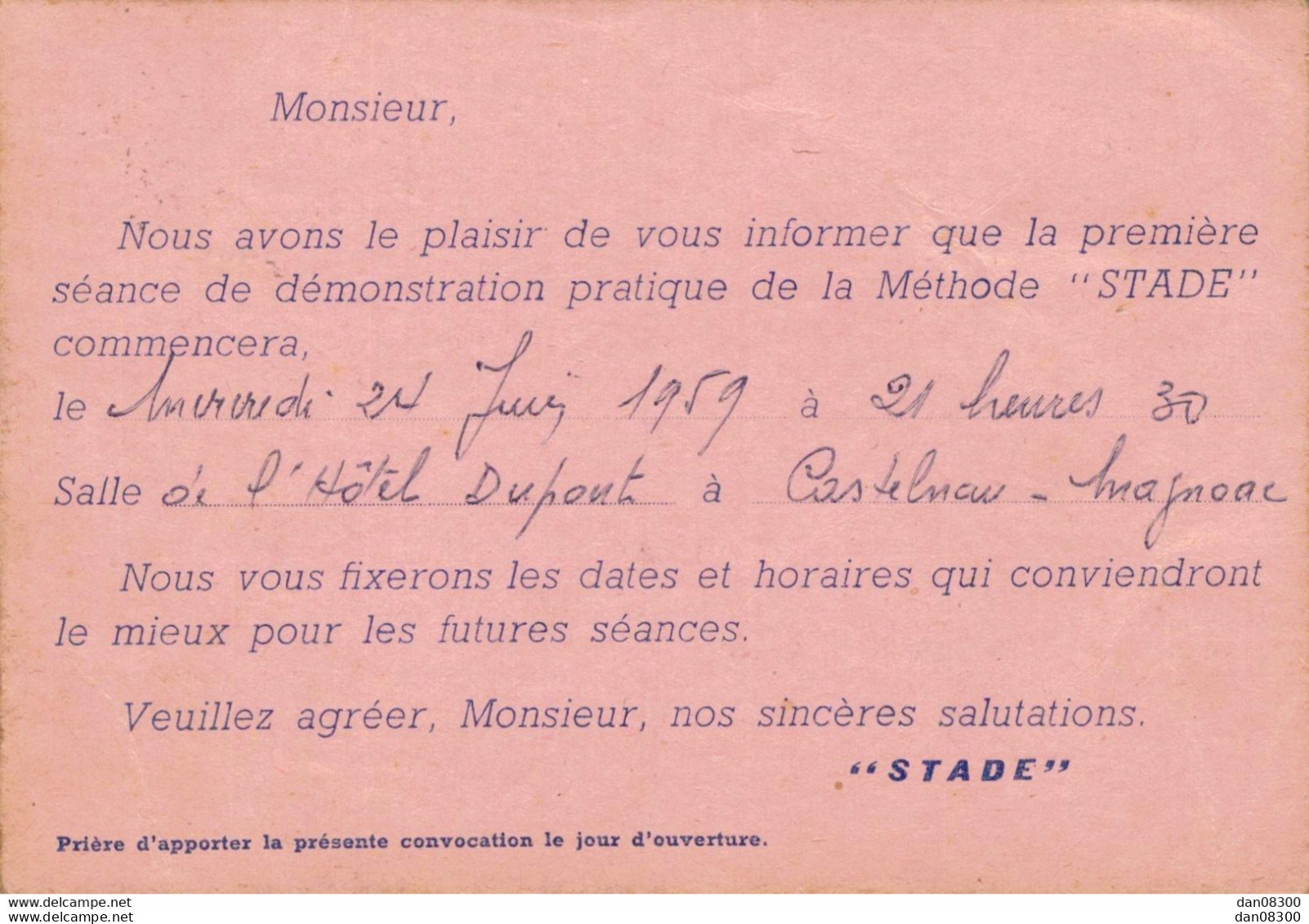 65 ARIES ESPENAN  PAR CASTELANAU MR VERDIER STADE METHODE MODERNE DE DEMONSTRATION TOULOUSE SEANCE A CASTELNAU 24/6/59 - Castelnau Magnoac