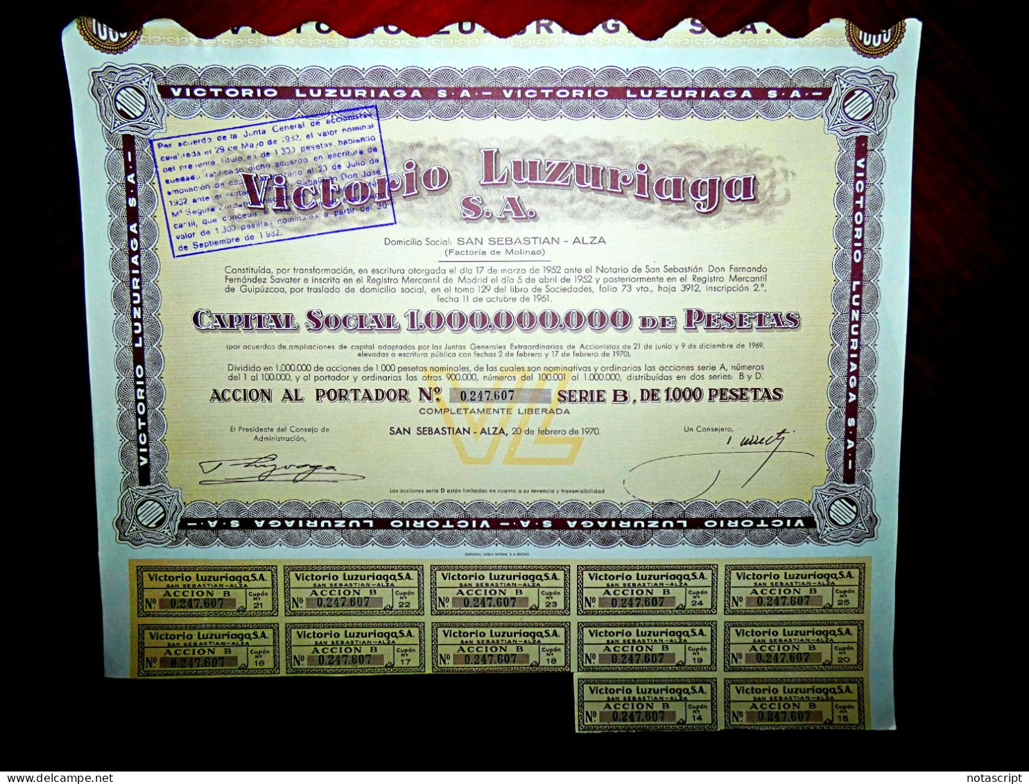 Victorio Luzuriaga SA , San Sebastián -Alza, 1970-75. Share Certificate,Casting, Steel And Metals, Rolling, Forging - Industrie