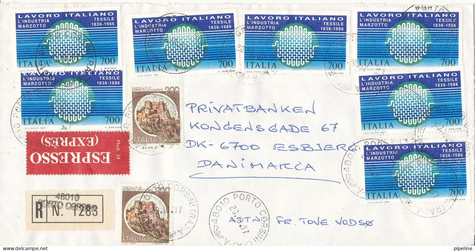 Italy Registered Cover Sent Express To Denmark 20-10-1987 With A Lot Of Stamps - Cartas & Documentos