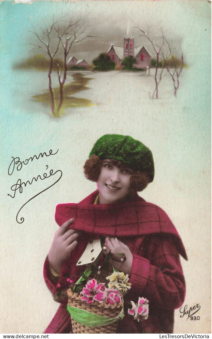 FANTAISIE - Femme - Bonne Année - Panier De Fleurs Dans Les Bras D'une Femme - Carte Postale Ancienne - Femmes