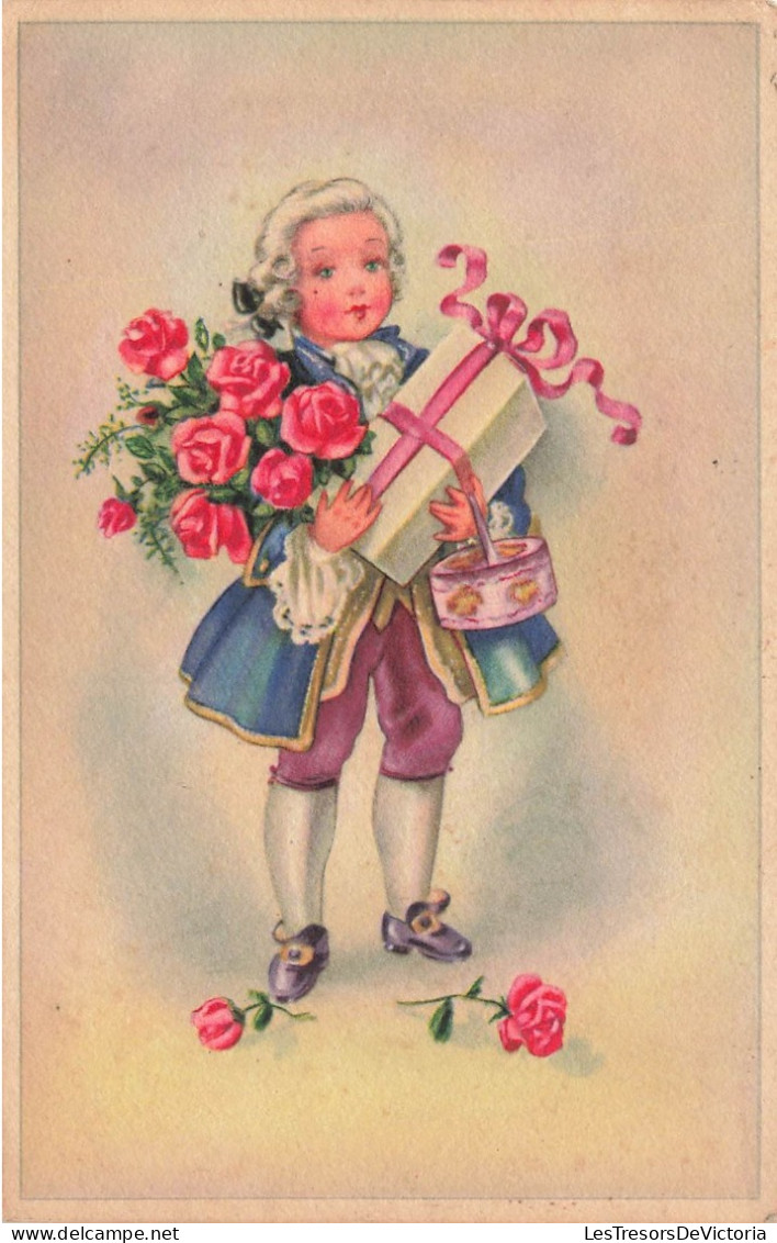 ILLUSTRATEUR - Enfant Avec Des Fleurs Et Un Cadeau - Carte Postale Ancienne - Zonder Classificatie